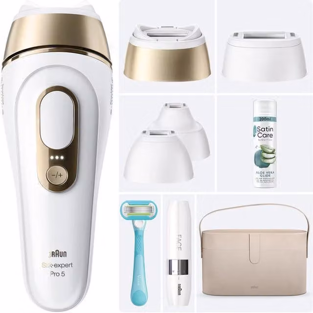 Braun Silk-expert Pro 5 PL5431 Epilatore a Luce Pulsata Oro e Bianco con 4 Testine, Custodia e Rasoio Gillette Venus
