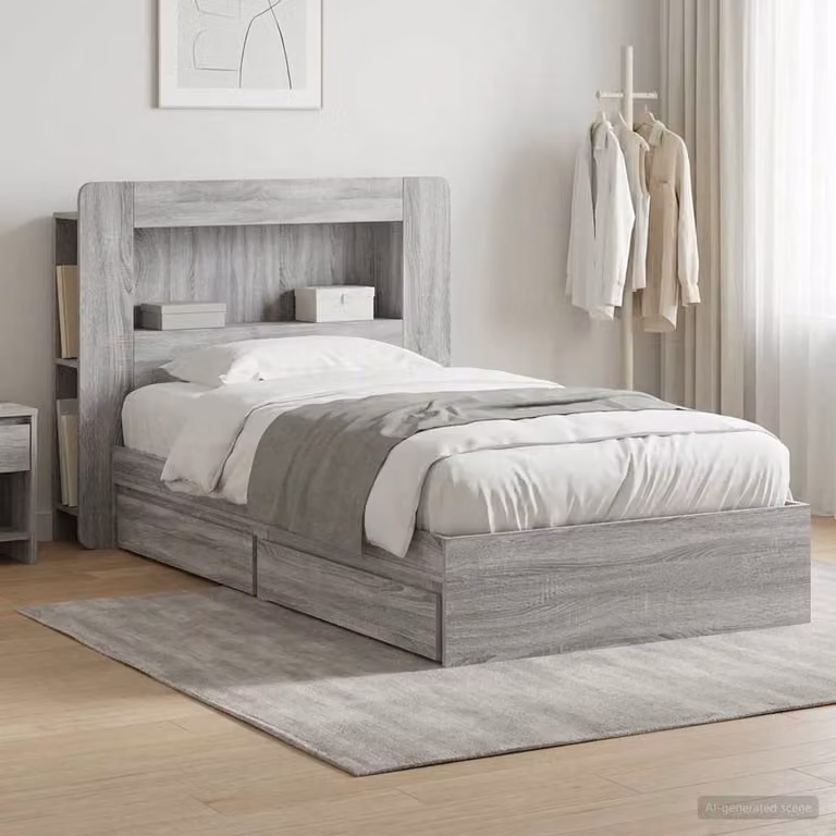 vidaXL Telaio letto con contenitore in legno ingegnerizzato grigio L/P/H: 221.5 x 90 x 119.5 cm
