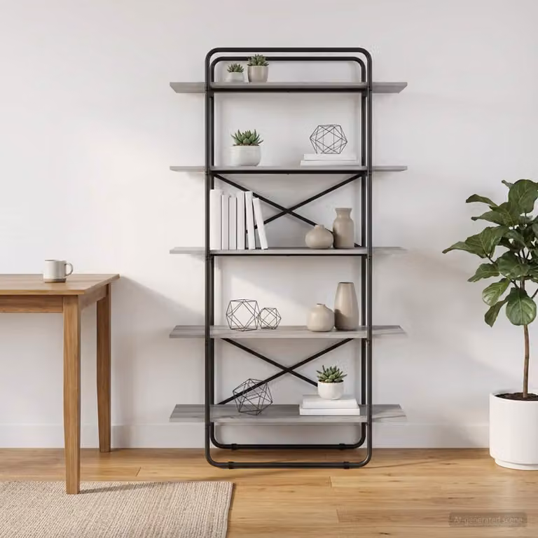 Libreria industriale vidaXL a 5 livelli in metallo e MDF, colore grigio, L 100 cm x P 35 cm x H 175,5 cm
