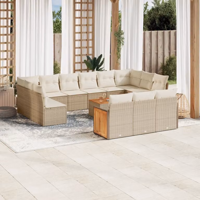 Set Divani da Giardino a Forma di U vidaXL con Tavolino e Cuscini Beige e Bianco in Polyrattan e Legno di Acacia