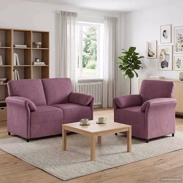 Set di 2 divani moderni vidaXL in velluto viola con struttura in metallo e cuscini inclusi – 1