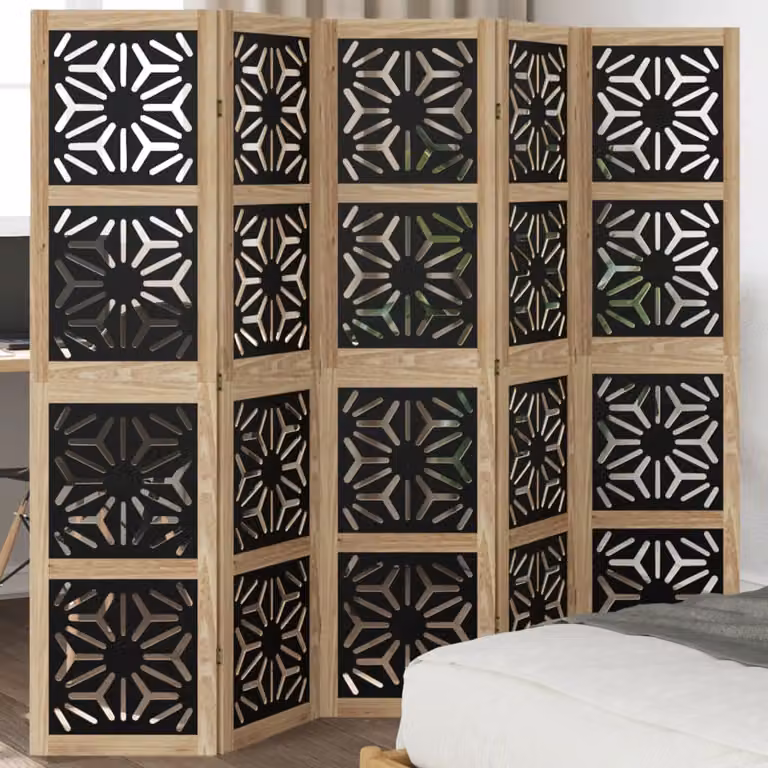 Divisorio Ambienti vidaXL in Legno di Paulownia con 5 Pannelli Geometrici, Marrone e Nero, H 180 x L 160 cm