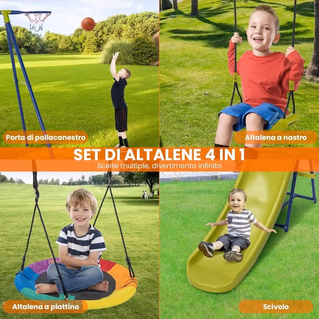 Costway Set di altalene 4 in 1 con scivolo, canestro da basket e altalena a nido, multicolore, struttura in metallo e plastica, resistente ai raggi UV – 2