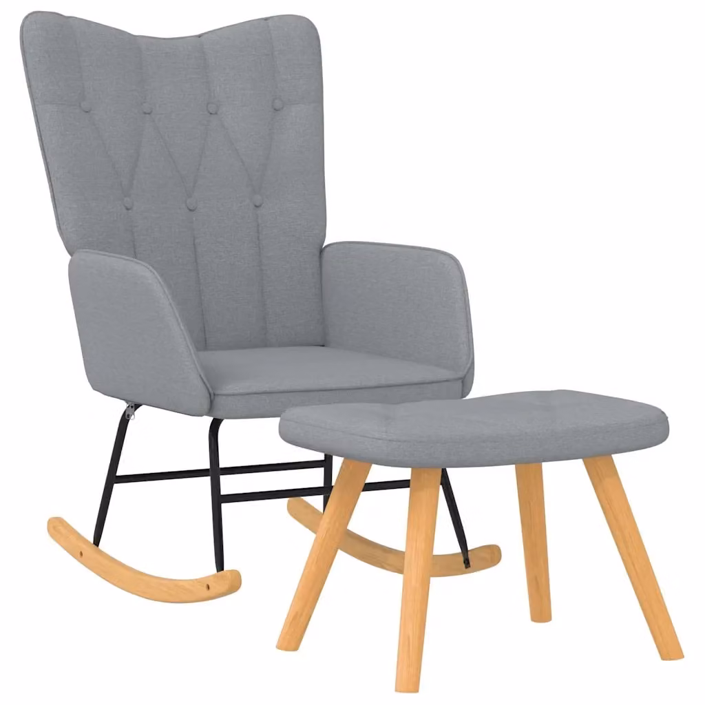 Poltrona a dondolo con poggiapiedi DESIGN IN in tessuto grigio chiaro e struttura mista per il tuo relax in soggiorno – 2