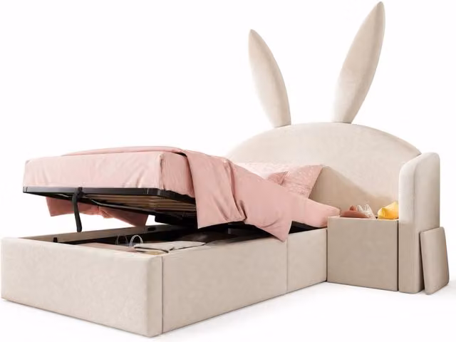 Letto singolo per bambini 90x200 cm con contenitore idraulico e comodino in velluto beige