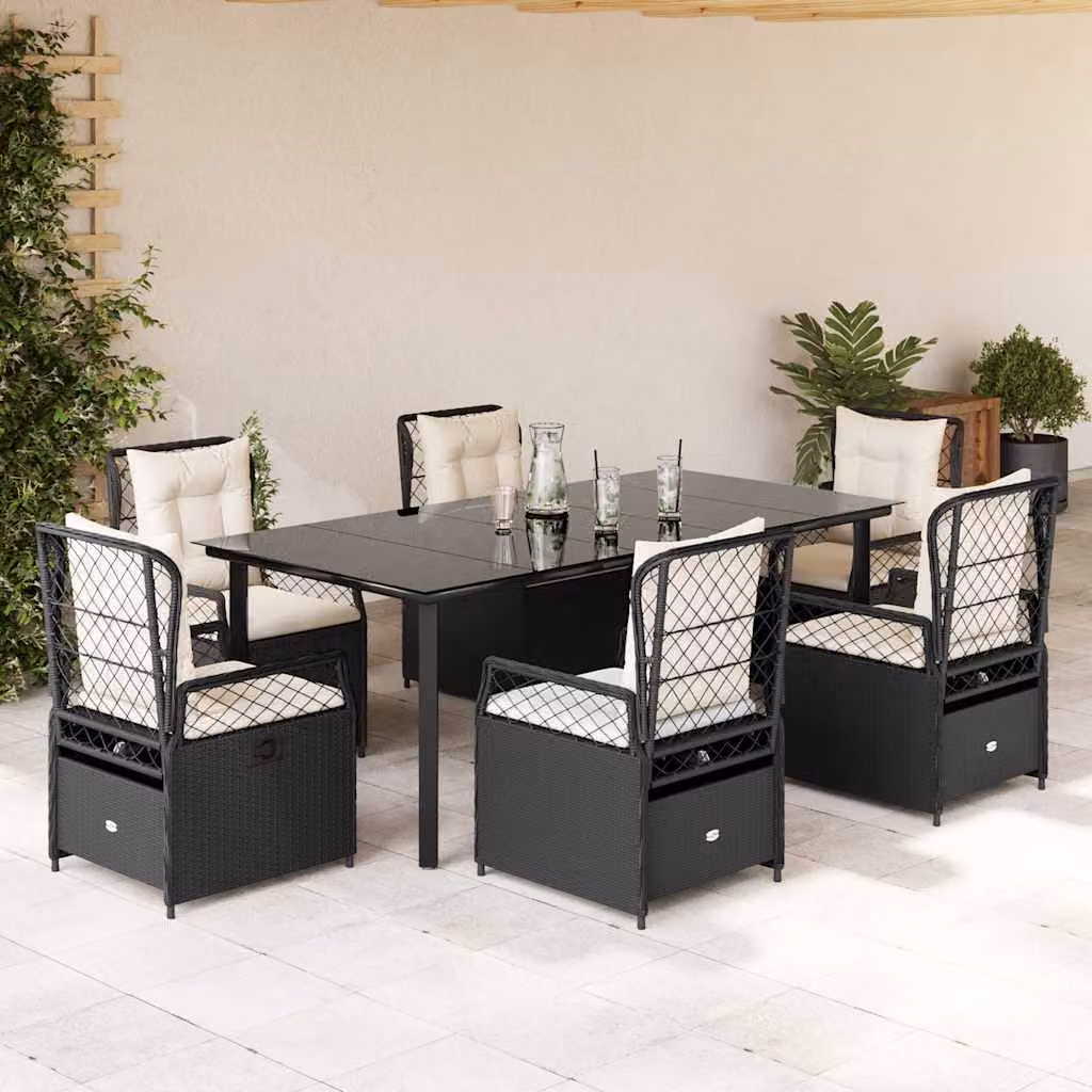 vidaXL Set da Pranzo da Giardino 7 pz in Polyrattan Nero con Cuscini e Tavolo in Vetro – 1