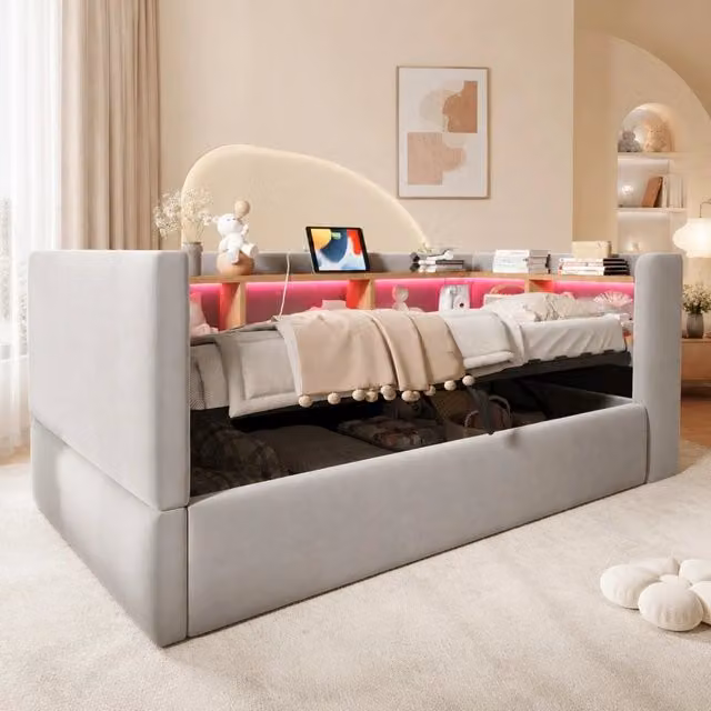 Divano letto REDOM moderno in tessuto grigio con contenitore idraulico e porta USB, L/P/H: 211 x 90 x 190 cm