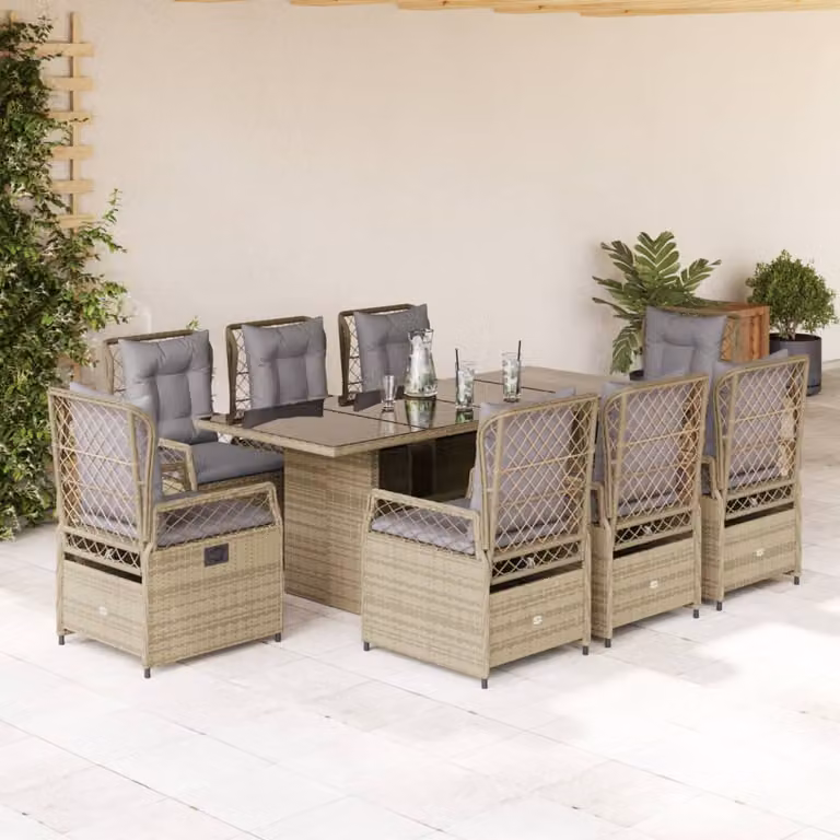 Set da Pranzo da Giardino vidaXL in Polyrattan con Cuscini Beige e Tavolo in Vetro, 9 Pezzi