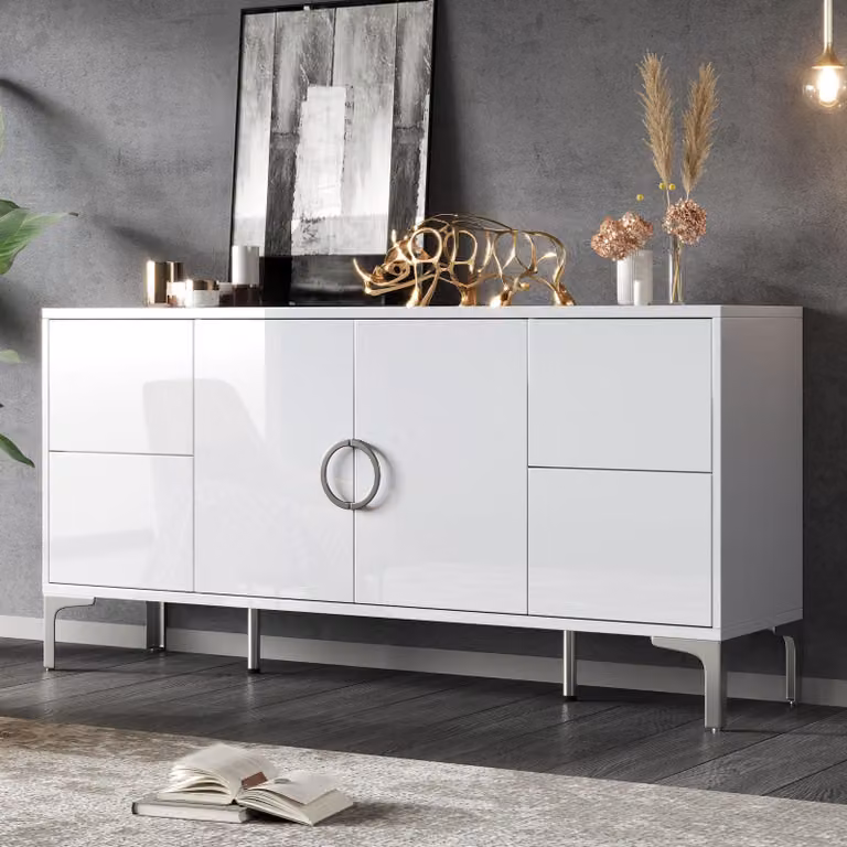 Credenza Merax lucida con 4 cassetti e 2 ante, comò con piedini di supporto in metallo, mobile da soggiorno Mobile da sala da pranzo senza maniglie in MDF, bianco