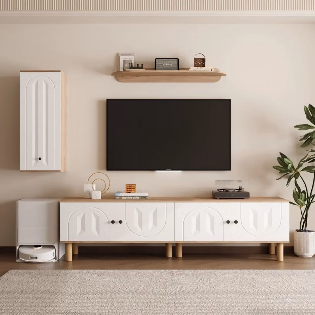 Mobile TV da parete Chicfurn con vetrina e mensola, ante intagliate in finitura bianca e naturale, ideale per il tuo soggiorno – 2