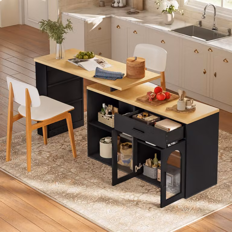 Tavolo da pranzo girevole a 360°, estensibile, con cassetto e ripiani; tavolo da cucina con ripiano portaoggetti; scrivania a forma di L, colore nero