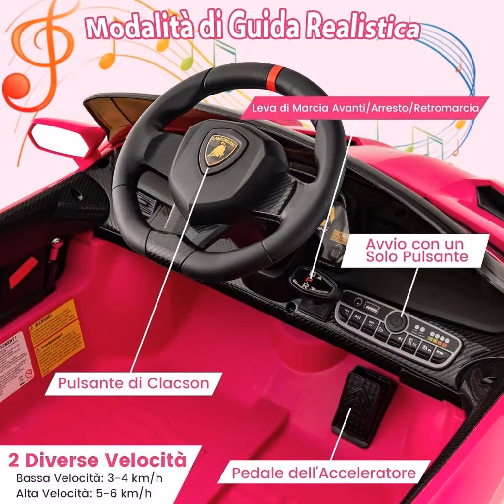 Costway Auto Sportiva Elettrica Lamborghini con Telecomando 2,4G e Luci LED per Bambini, Colore Rosa – 2