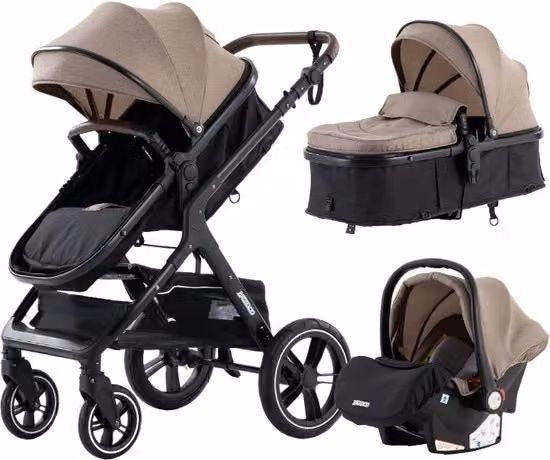Carrello 3-in-1 per bambini con carrycot, buggy inclinabile, colore beige/verde, adatto da 0 a 36 mesi