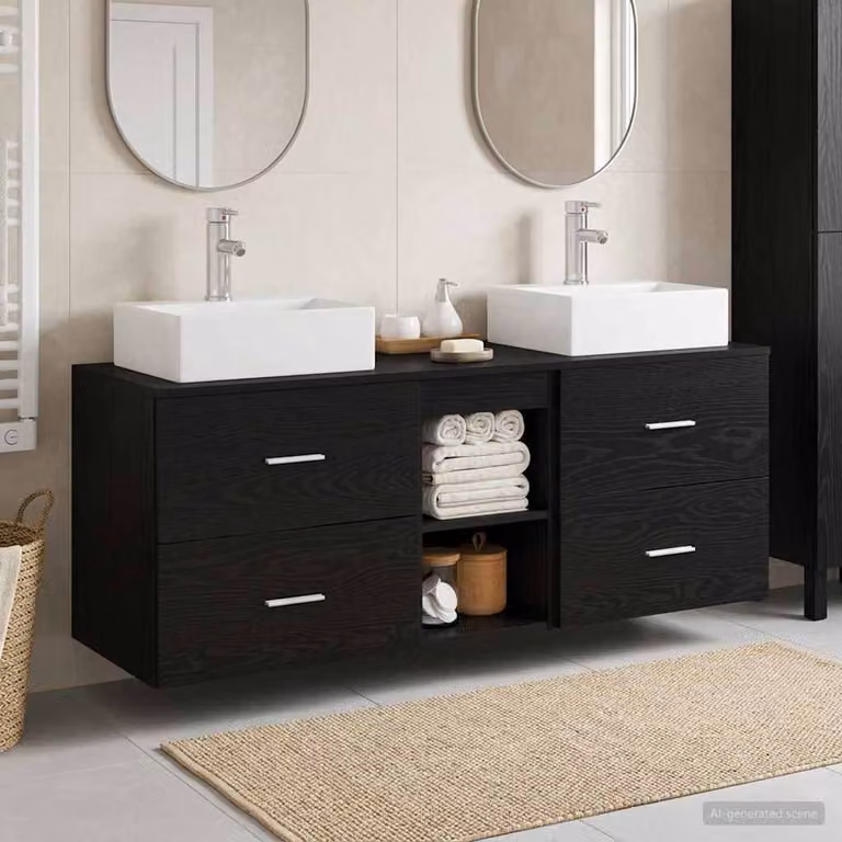 Set di mobili da bagno moderni vidaXL in MDF nero opaco, composto da 3 pezzi con vanità, cassetti e ripiani, L/P/H: 129 x 41 x 79,5 cm