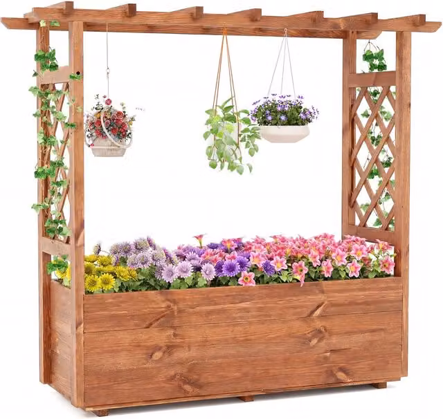 Letto da giardino rialzato in legno arancione con tetto pensile per rampicanti e fori di drenaggio per uso interno ed esterno