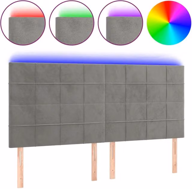 Testata del letto con illuminazione LED e porta di ricarica USB in velluto grigio chiaro, L: 200 cm, P: 5 cm, H: 118/128 cm