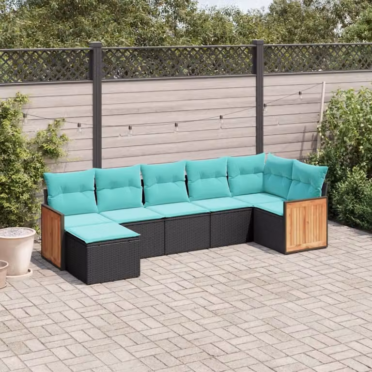 Set di divani da giardino vidaXL in polyrattan nero con 7 pezzi e cuscini inclusi