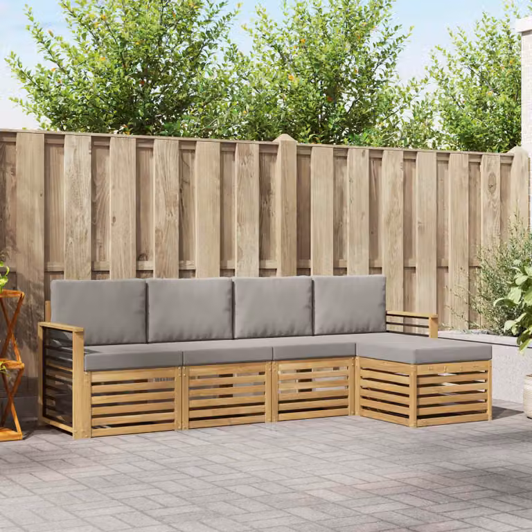 vidaXL Set di divani da esterno a L composto da 5 pezzi in legno di acacia con cuscini bianchi e grigi