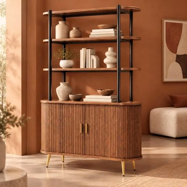 Sideboard con ante a serranda e mensola superiore a 4 livelli, mobile da cucina moderno con finitura rigata verticale, gambe in metallo dorato, 120x40x183 cm, colore scuro