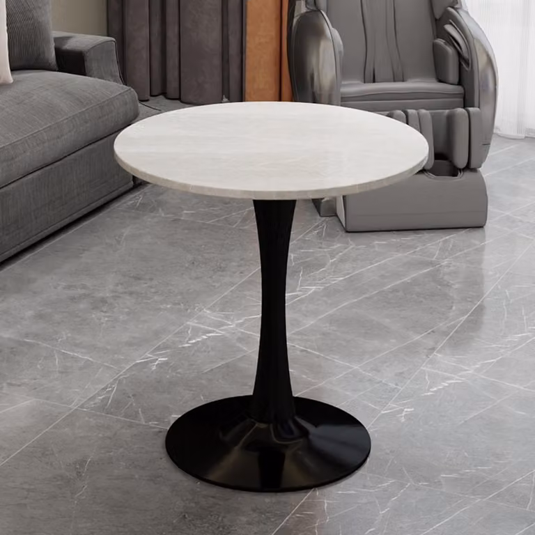 Tavolino rotondo nero, diametro 70 cm, e tavolo da pranzo in stile Mid-Century Modern per 2-4 persone, con finitura effetto marmo bianco e gambe nere, tavolo da soggiorno stabile