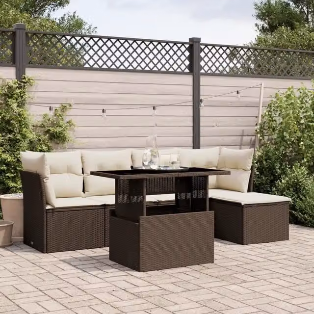 Set Divano da Giardino a L vidaXL in Polyrattan Marrone con Cuscini e Tavolino da Esterno