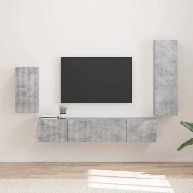 Set mobile TV 4 pz-Credenza per TV Grigio cemento Legno multistrato 728504