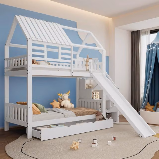 Letto a castello 254x216x221 cm con scala contenitore e scivolo in legno e MDF bianco