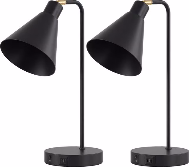 Set di 2 Lampade da Tavolo Moderne HOMCOM in Acciaio con Porte USB, Attacco E27, Colore Nero – 1