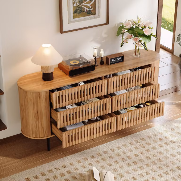 Mobile contenitore, legno naturale, 6 cassetti, design a listelli, MDF, gambe in metallo