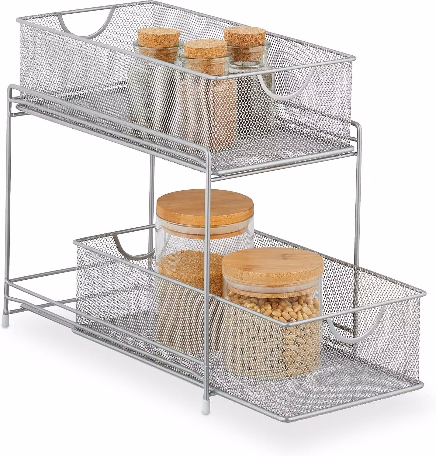 Organizzatore per la cucina - 2 cesti estraibili - Scaffale metallico per il bagno - 32x19x35,5 cm - Organizzatore per armadi - Argento
