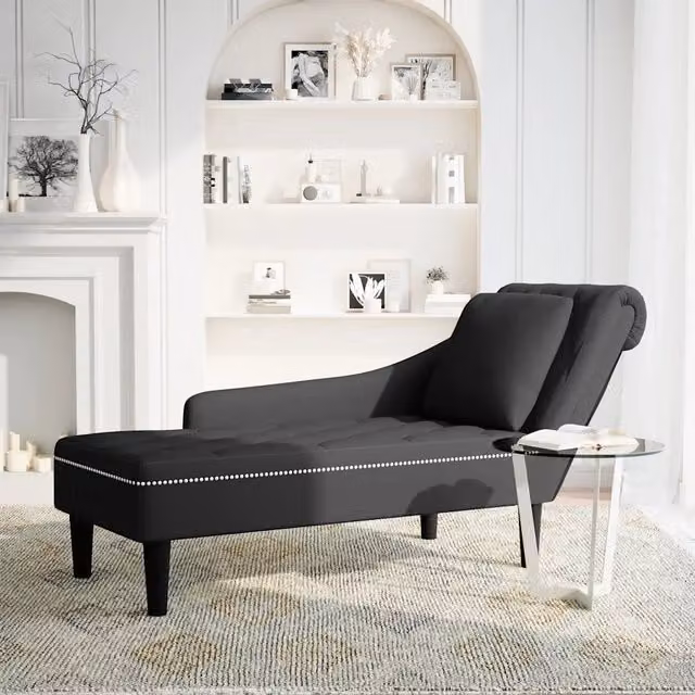 Sdraio con Cuscino e Bracciolo Destro in Velluto Nero CFW4851235 L: 145 cm, P: 70 cm, H: 56 cm