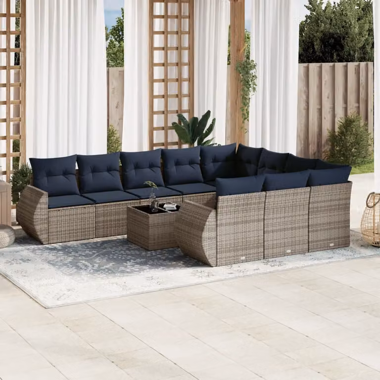 Set di divani da giardino vidaXL in polyrattan da 11 pezzi con cuscini blu e grigi, design moderno a L con tavolino da esterno e struttura in metallo