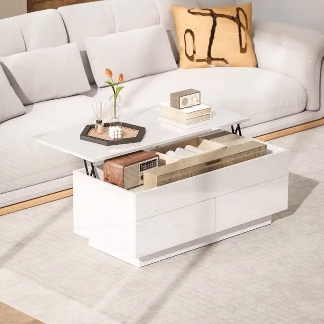 Tavolino basso alzabile MIVRAY con vano nascosto e 2 cassetti in bianco lucido L/P/H: 102 x 48 x 40 cm