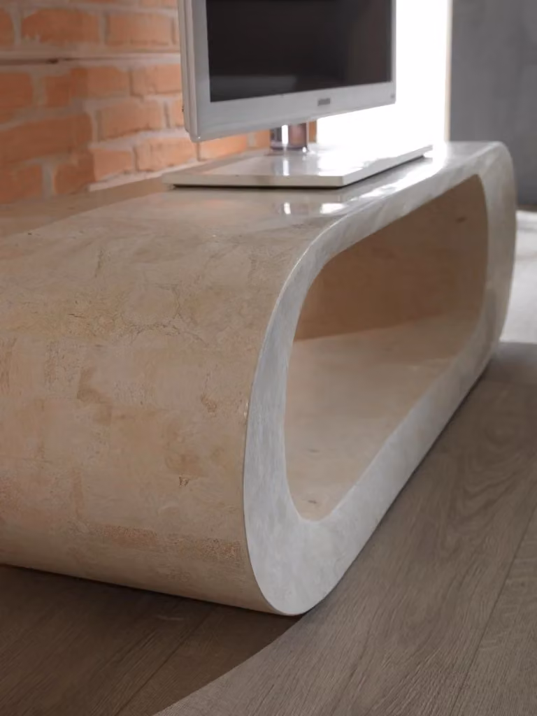 Tavolino da soggiorno E-Stylo in pietra fossile design moderno beige e bianco L: 120 cm, P: 62 cm, H: 35 cm – 3