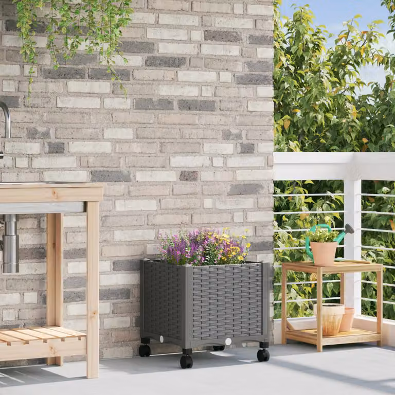 Vaso da giardino con ruote vidaXL in plastica Grigio Chiaro L: 40 cm, P: 40 cm, H: 44 cm