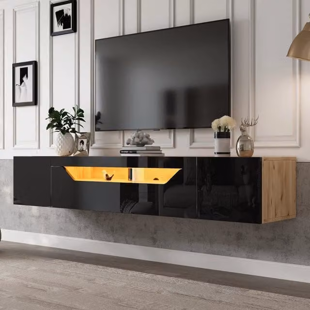 Mobile TV sospeso 180x37x36 cm, 3 vani, LED, lucido nero e legno naturale. Per TV fino a 75". Montaggio a parete. Non richiede base a molle.