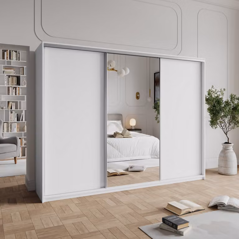 Masseno Armadio a porte scorrevoli TAVI 270/205/60 cm Armadio con cassetti Armadio da camera da letto a 3 ante con specchio Bianco + Satinato