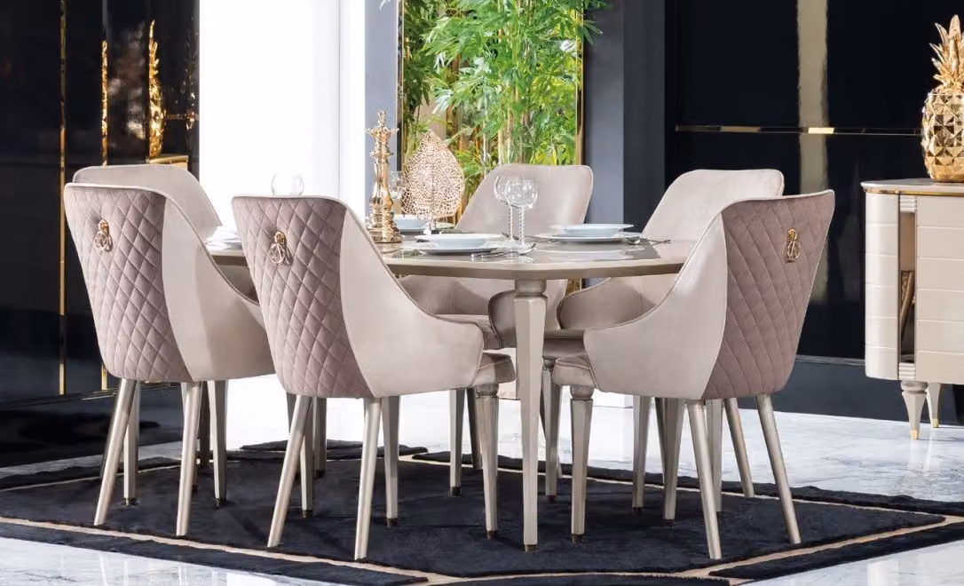 Küche Esszimmer Stühle 6x Stuhl Gruppe Stühle Garnitur Textil Stoff Holz Möbel
