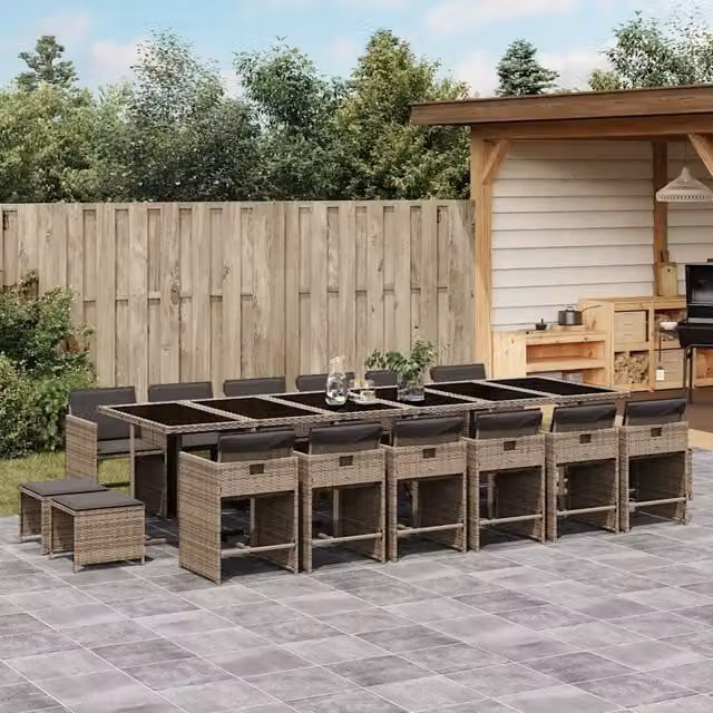 Set da pranzo da giardino vidaXL in polyrattan con cuscini e piano in vetro, 17 pezzi, grigio e nero