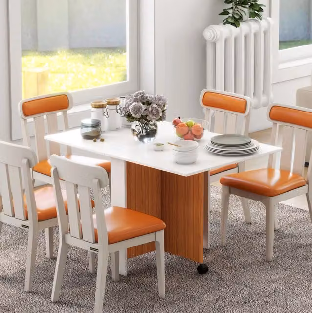Tavolo da pranzo pieghevole ULEVR 120x80 cm con piano apribile e ruote, compensato bianco