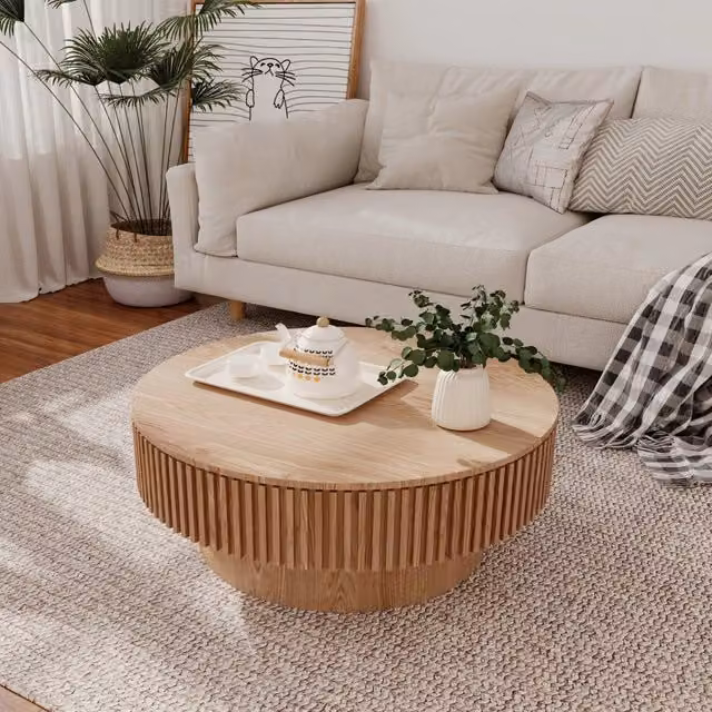 Tavolino basso MIVRAY con vano contenitore nascosto in legno e MDF, finitura naturale marrone e design moderno a forma di fungo scanalato