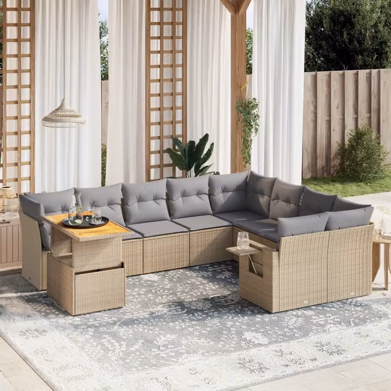 vidaXL Set Divano da Giardino 10 pz a Forma a L in Polyrattan con Cuscini Beige e Struttura in Legno di Acacia