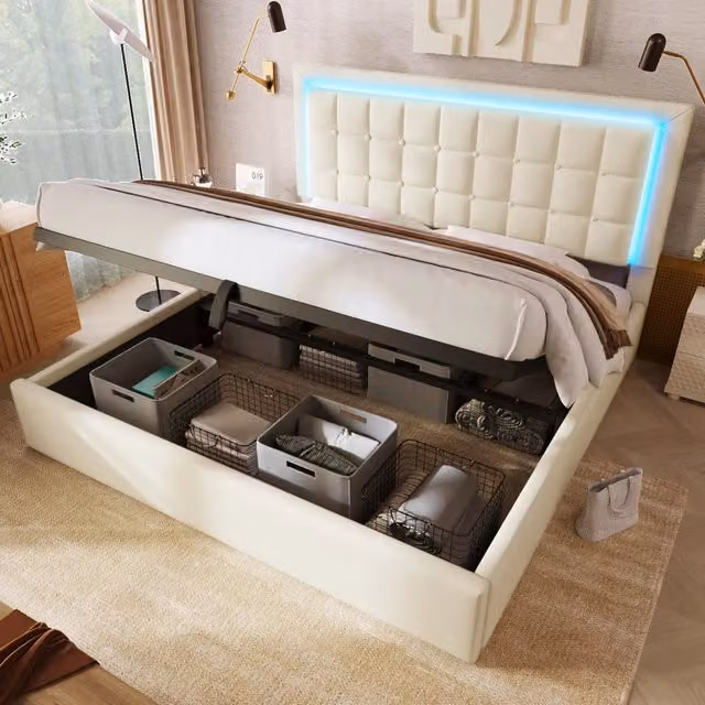 Letto matrimoniale contenitore 160x200 con luci LED; struttura in ecopelle bianco; sollevamento idraulico e rete a doghe (senza materasso)