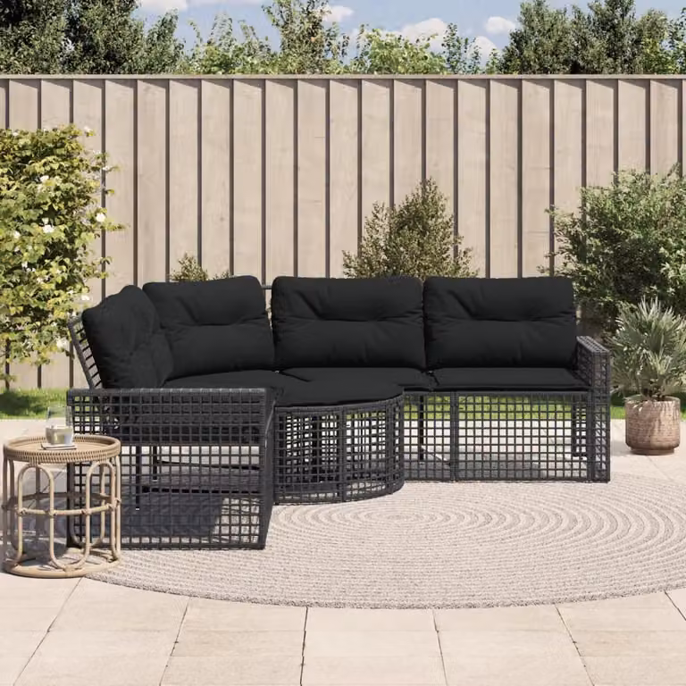 vidaXL Divano da Giardino a L con Cuscini e Pouf Nero in Polyrattan