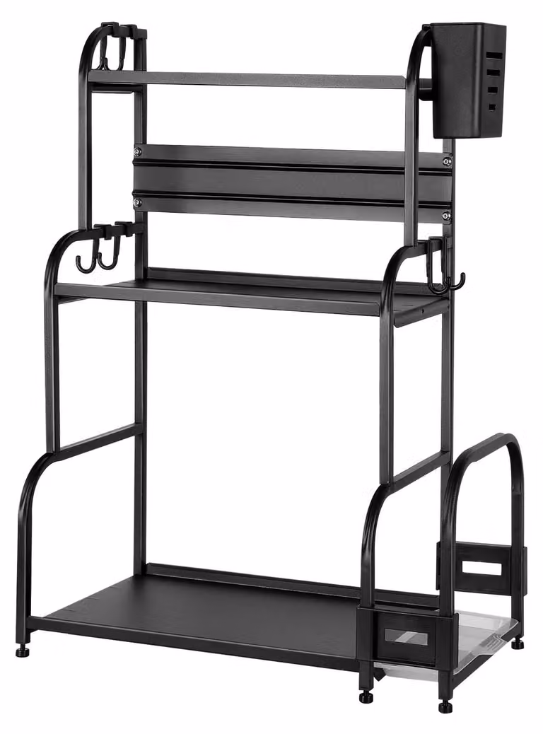 Scaffale da cucina - Scaffale da piano di lavoro 48 cm - Scaffale portaspezie a 3 ripiani - Supporto per tagliere - Portaposate - Acciaio - Nero