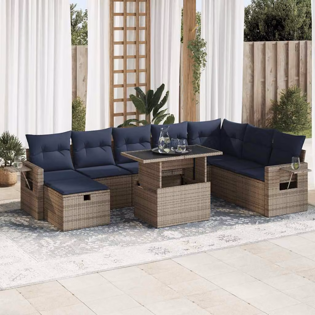 Set di divani da giardino vidaXL in polyrattan e legno di acacia, 9 pezzi con cuscini grigi e blu, design moderno a forma di U per esterno