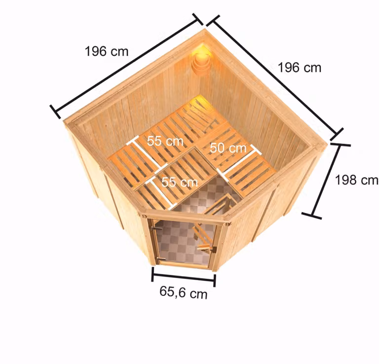 Sauna Woodfeeling Kotka (ingresso ad angolo), porta tutto vetro, colore bronzo, riscaldatore 9 kW centralina integrata