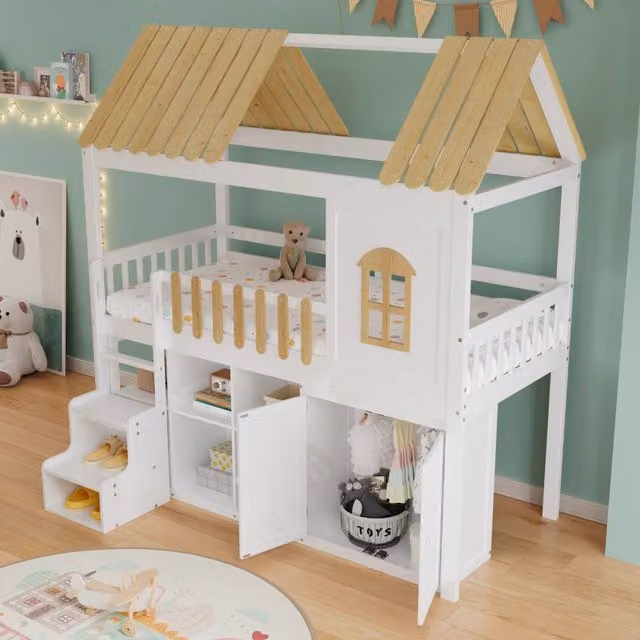 Letto a castello 90x200 cm con armadio e scalini contenitore in legno bianco e naturale