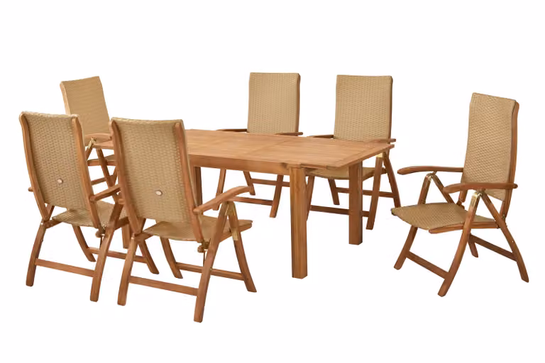 Set di mobili da giardino Merxx Capri 7 pezzi, 6 sedie pieghevoli, tavolo allungabile 150 (200) x 90 cm - Acacia/intreccio sintetico
