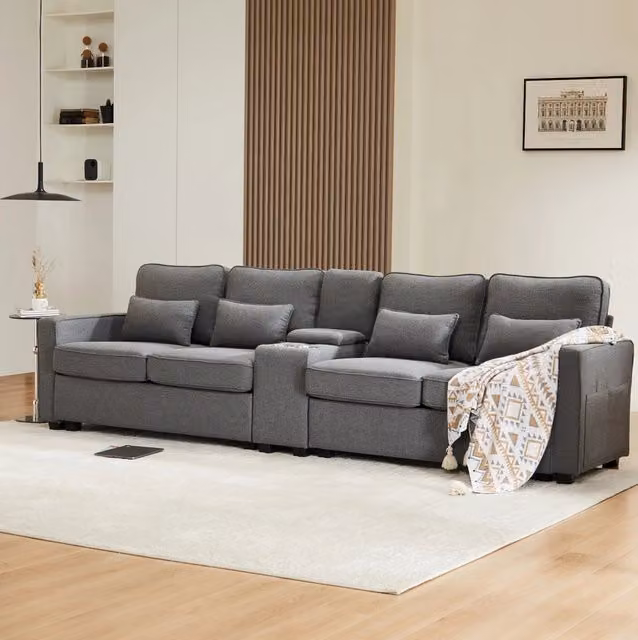 Divano 4 posti 290x83x88 cm in tessuto grigio scuro con consolle, per soggiorni moderni –